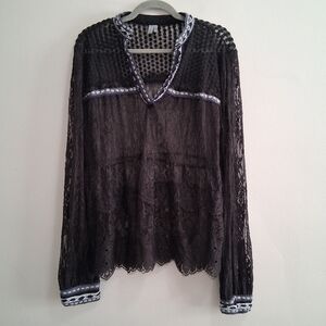 Anthropologie Blank London Black Lace Embroidered Trim Boho Festival Blouse XL
